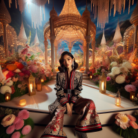 A professional,vivid,high-res, HD photograph, shot in HDR, with a 75:128 AR,& a dramatic,wide-angle perspective. The subject,is a stunning model,posing elegantly ,among flowers,in lush garden,wearing a (insert hairstyle) dressed in an elegant, high-fashion, beaded, (lacy,) jewel encrusted, embroidered,corseted/cinched jumpsuit,with red, white & black detail. Natural makeup, velvet purse, exotic jewelry& sexy heels complete the look