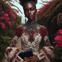 A professional,vivid,high-res, HD photograph, shot in HDR, with a 75:128 AR,& a dramatic,wide-angle perspective. The subject,is a stunning model,posing elegantly ,among flowers,in lush garden,wearing a (insert hairstyle) dressed in an elegant, high-fashion, beaded, (lacy,) jewel encrusted, embroidered,corseted/cinched jumpsuit,with red, white & black detail. Natural makeup, velvet purse, exotic jewelry& sexy heels complete the look