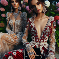 A professional,vivid,high-res, HD photograph, shot in HDR, with a 75:128 AR,& a dramatic,wide-angle perspective. The subject,is a stunning model,posing elegantly ,among flowers,in lush garden,wearing a (insert hairstyle) dressed in an elegant, high-fashion, beaded, (lacy,) jewel encrusted, embroidered,corseted/cinched jumpsuit,with red, white & black detail. Natural makeup, velvet purse, exotic jewelry& sexy heels complete the look