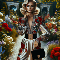 A professional,vivid,high-res, HD photograph, shot in HDR, with a 75:128 AR,& a dramatic,wide-angle perspective. The subject,is a stunning curvavious blonde model, posing elegantly ,among flowers,in lush garden, wearing a  dress in an elegant, high-fashion, , (lacy,) embroidered, cinched jumpsuit,with red, white & black detail. Natural makeup, velvet purse, exotic jewelry& sexy heels complete the look