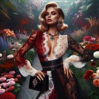 A professional,vivid,high-res, HD photograph, shot in HDR, with a 75:128 AR,& a dramatic,wide-angle perspective. The subject,is a stunning curvalicious blonde model, posing elegantly ,among flowers,in lush garden, wearing a  lacy dress in an elegant, high-fashion, ,  ,red, white & black detail. Natural makeup, velvet purse, exotic jewelry& sexy heels complete the look