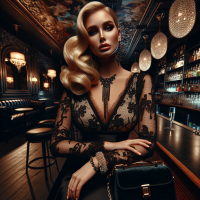 A professional,vivid,high-res, HD photograph, shot in HDR, with a 75:128 AR,& a dramatic,wide-angle perspective. The subject,is a very stunning curvy blonde model,  in a bar,  wearing a  black lace dress. perfect wedding style makeup, velvet purse, jewelry