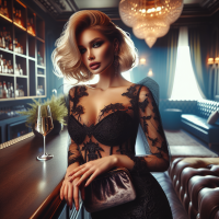 A professional,vivid,high-res, HD photograph, shot in HDR, with a 75:128 AR,& a dramatic,wide-angle perspective. The subject,is a very stunning curvy blonde model,  in a bar,  wearing a  black lace dress. perfect wedding style makeup, velvet purse, jewelry