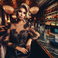 A professional,vivid,high-res, HD photograph, shot in HDR, with a 75:128 AR,& a dramatic,wide-angle perspective. The subject,is a very stunning curvy blonde model,  in a bar,  wearing a  black lace dress. perfect wedding style makeup, velvet purse, jewelry