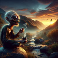 Ultra detailed.  UHD.  wide plane.  Smiling Gollum sitting on a rock next to a stream, smoking a cigarette and with a cup of coffee in his hand, as he watches the sunrise.  mountainous landscape, dawn sky, some birds flying.  dramatic lighting  scene illuminated by the reflection of sunlight