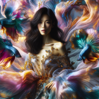 Woman in a Betta fish-inspired dress, adorned with gold accents and shimmering details.