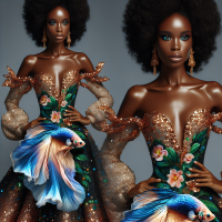 create an African American Woman in a Betta fish-inspired dress, adorned with gold accents and shimmering details.