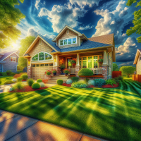 example ranch home in strongsville ohio 44149 , view from street, HRD, PHOTOREALISTIC , BEAUTIFUL SUMMER DAY 
