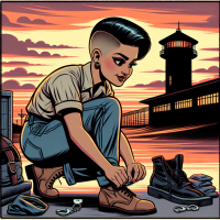 mexican barber girl with undercut working at a prison putting on her boots, handcuffs, prison tower, dawn, 