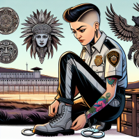 mexican barber girl with undercut working at a prison putting on her boots, handcuffs, prison tower, dawn, Aztec, wolf