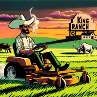Mexican man smoking a cigarette on a zero turn mower cutting a field with long horns, horses, king ranch, sunset