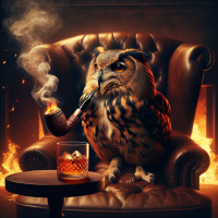 An owl sitting in a lounge chair smoking a pipe and drinking a whiskey in a burning house