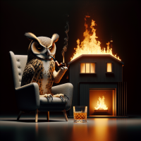 An owl sitting in a lounge chair smoking a pipe and drinking a whiskey in a burning house
