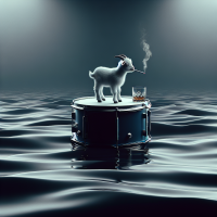 A baby goat floating on a snare drum in the middle of an ocean smoking a cigarette and drinking a whisley