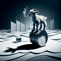 A baby goat floating on a snare drum in the middle of an ocean smoking a cigarette and drinking a whiskey