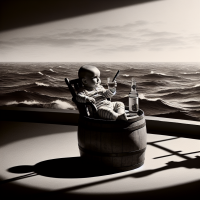 A baby floating on a drum in the middle of an ocean smoking a cigarette and drinking a whiskey