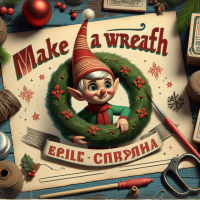Создай мне картинку с изображением эльфа с новогодним венком. Картинка должна быть в стиле старого доброго советского мультика. Добавь надпись 